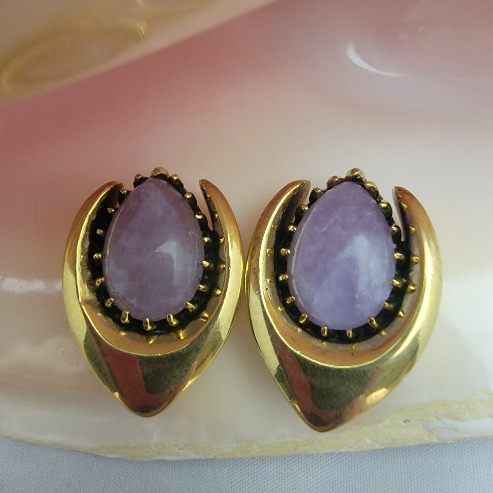 Pair brass saddles double flare stretchers amethyst stone center - 25mm